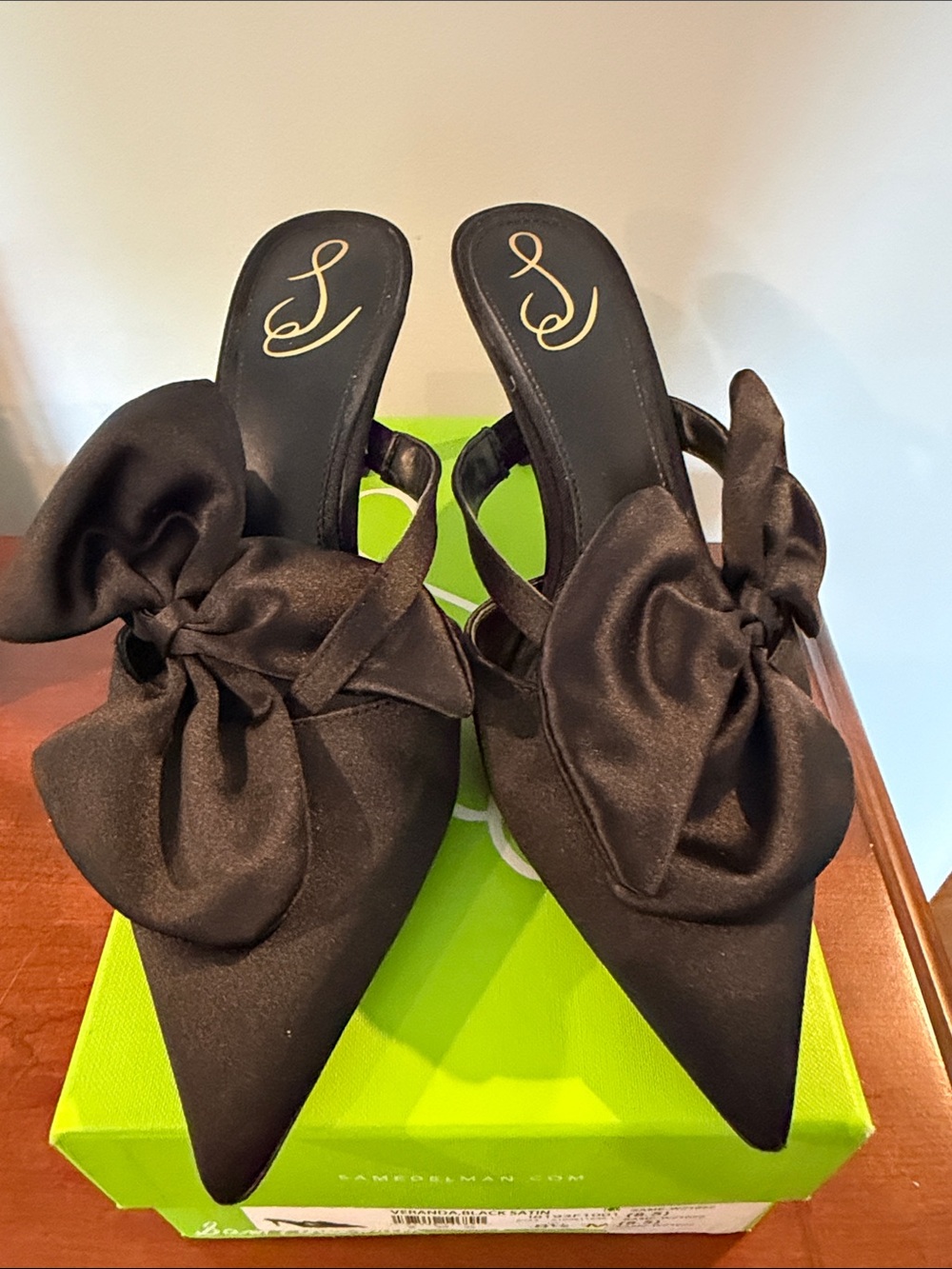 Sam Edelman Black Satin Pointed-Toe Mules with Bow
